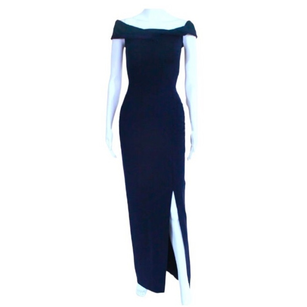 Nicholas Knot Twist Front Gown Size 8 Navy Blue Off Shoulder